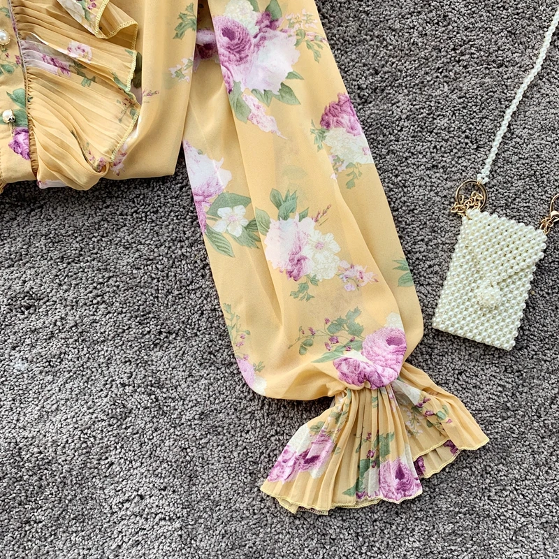 Neploe, женская шифоновая блузка, плиссированная, с оборками, из кусков, Blusas, топ, новинка, Корейская, расклешенная, с длинным рукавом, с цветочным принтом, рубашка 55846