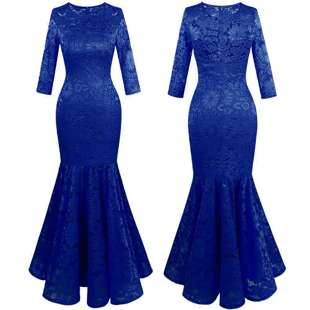 Royal Blue Angel-fashions Женский Цветочный кружевной 3/4 Гильзы иллюзия Выпускной вечер Вечеринка Макси Русалочка элегантный Вечернее платье Королевский синий 416RB - Цвет: Royal Blue