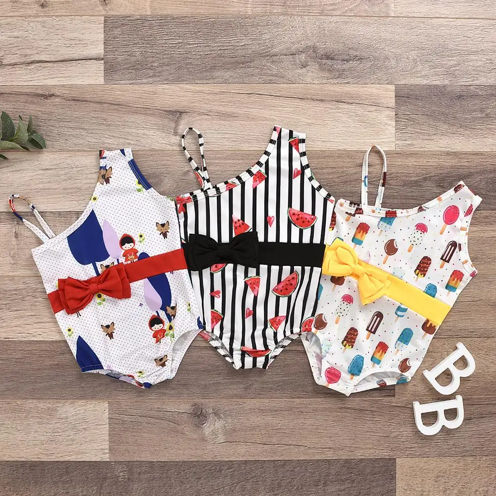 

CYSINCOS 2020 New Summer Baby Swimwear One Piece with Bow and Pattern Beach Girls Swimsuit Kid Children Swimming Costumes Bikini