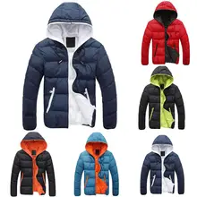 Fashion Winter Men Jacket Coat Color Block Zipper Hooded Cotton Padded Coat Warm Thicken Outwear Jacket