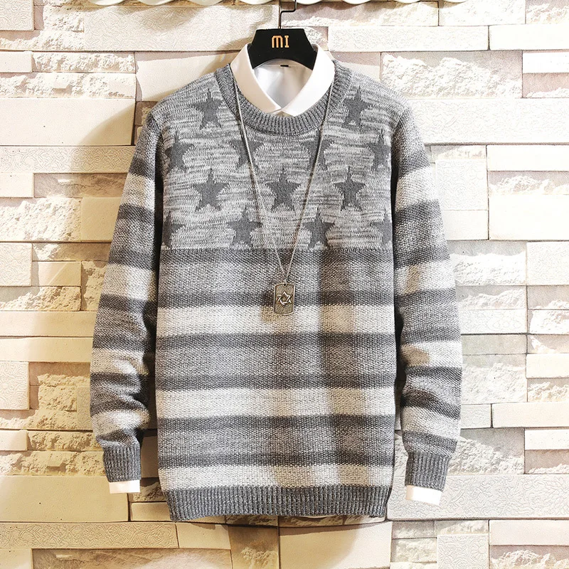 UYUK Autumn Japanese Round Neck Print Geometric Pattern Pullover Temperament Casual Large Size Trend Men's Sweaters Homme