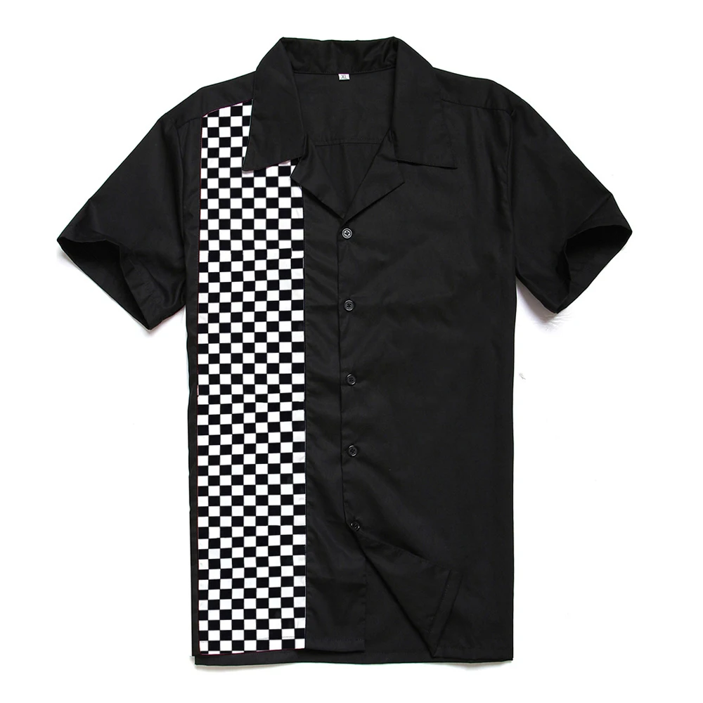 

2022 Fashion Plaid Men Shirt MS0002 Cotton Short Sleeve Button Up Bowling Punk Black chemise homme Vintage Retro Shirt