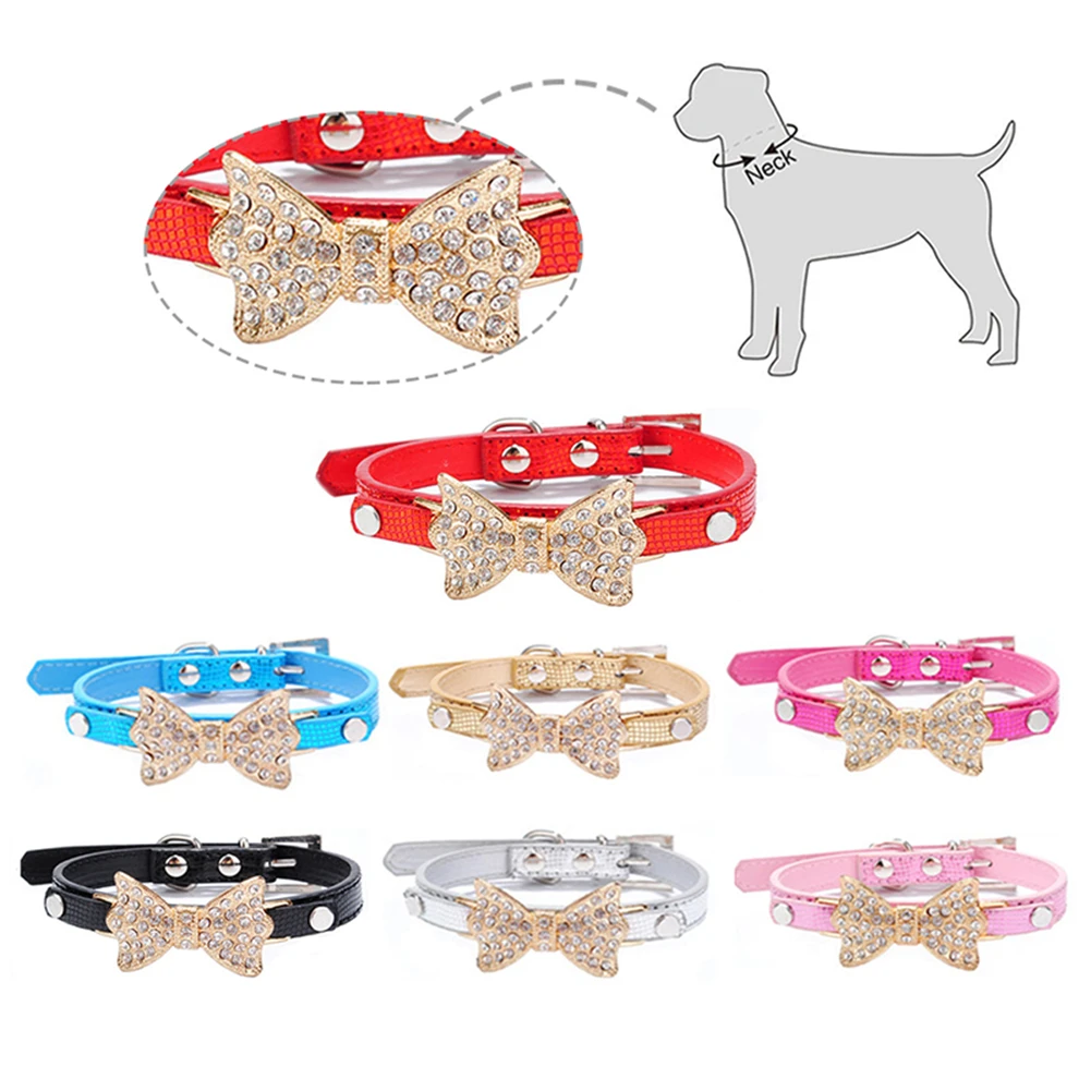 

Pet Bling Rhinestone Pu Leather Dog Collar Small Dog Bowknot Durable Pet Collar Puppies Cat Necklace Dog Adjustable Leash