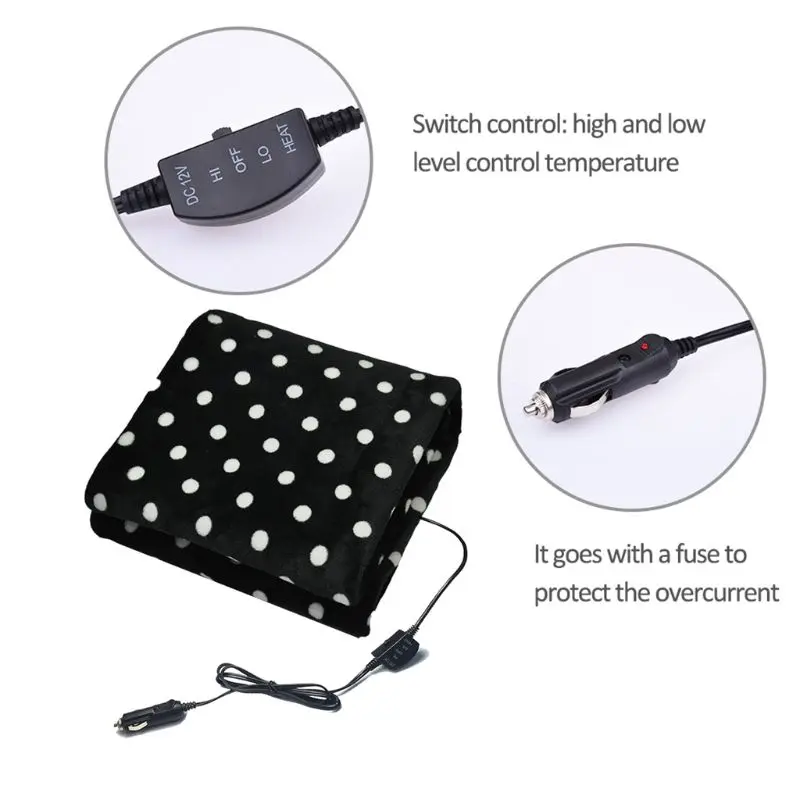 12V Electric Car Blanket Heated Travel Winter Camping Trip(60"x 40",Black) T8WE