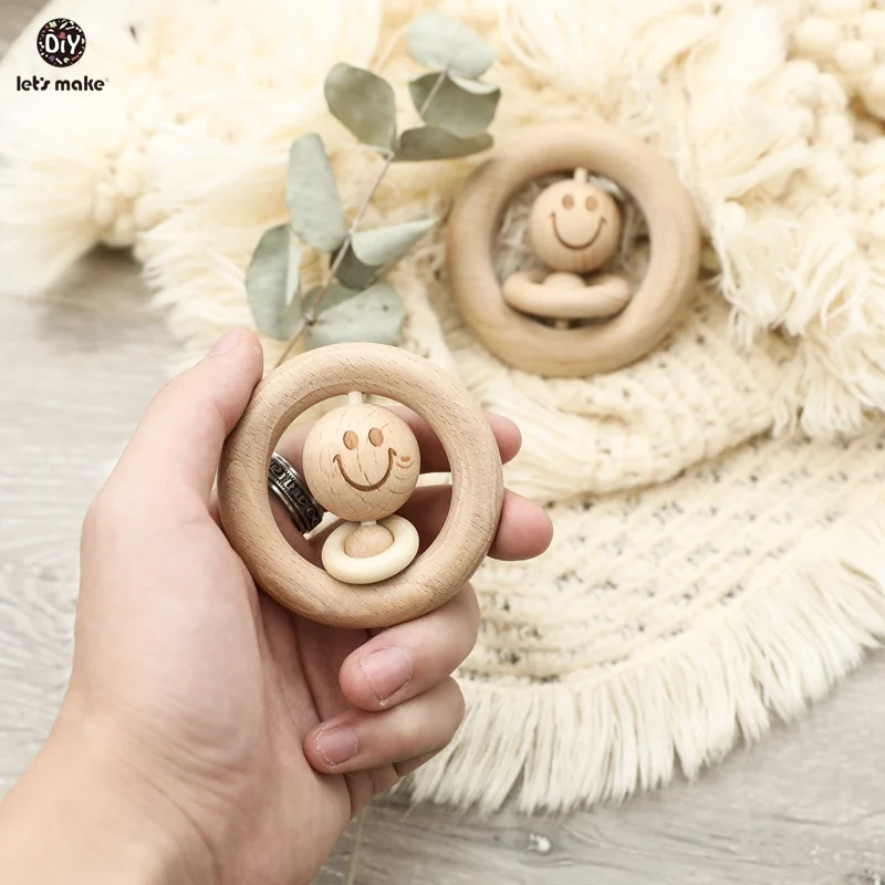 Let s Make Baby Toys 0 12 Months Wooden Rattles Smiley Face Wood Ring Musical Developmental 3