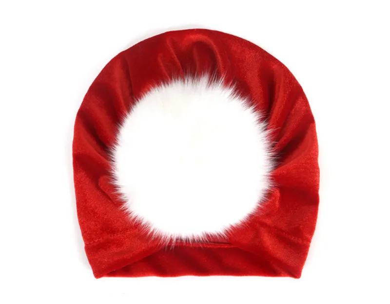 Autumn Winter Hat Baby Girl Toddler Faux Fur Pom Pom Beanie Turban Green Velvet Hat Fashion 1-2yrs