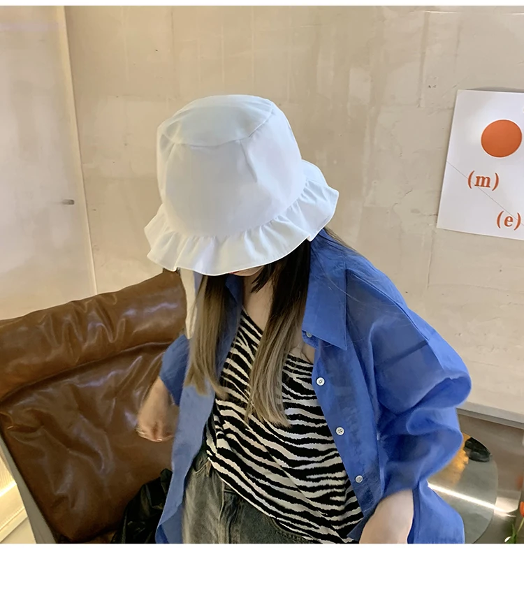 kate spade bucket hat Fisherman hat Female White Casual Lotus Leaf Fold Lace Bucket hat Simple Wide-brimmed Face Small Sun hat Summer Breathable hat cow bucket hat