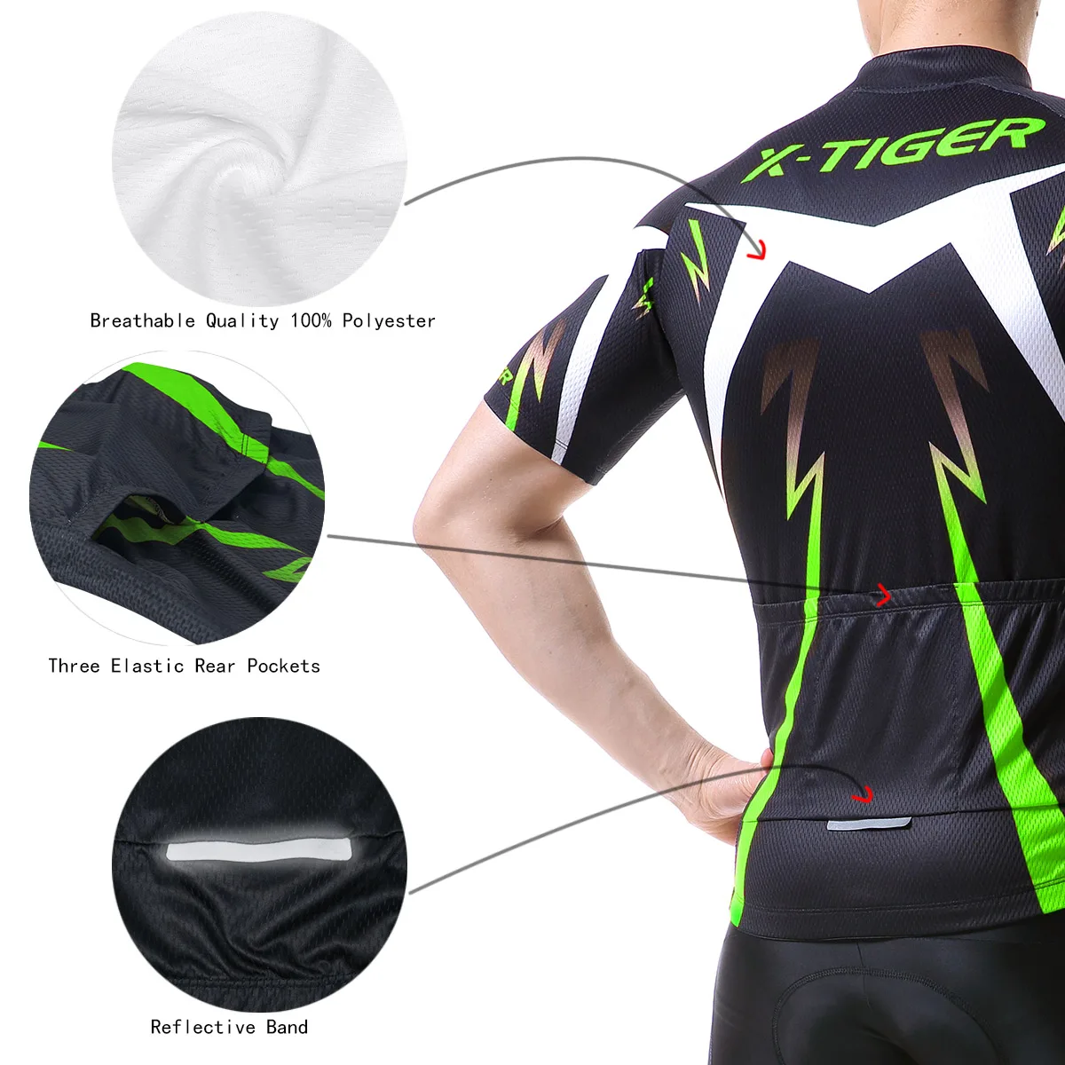 X-TIGER Heren Wielershirt Fietsshirt Korte Mouwen, Fietsshirt Heren, Fiets Trikots T-Shirt voor Mannen, Wielersportkleding met 4 Zakken, Ademend Snel Drogend, zwart, XL