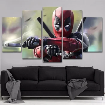 

Art Canvas Painting 5 Pieces Deadpool Picture Wall Decorative Modern Artwork Canvas Printing Type Movie Poster Home Room Decor