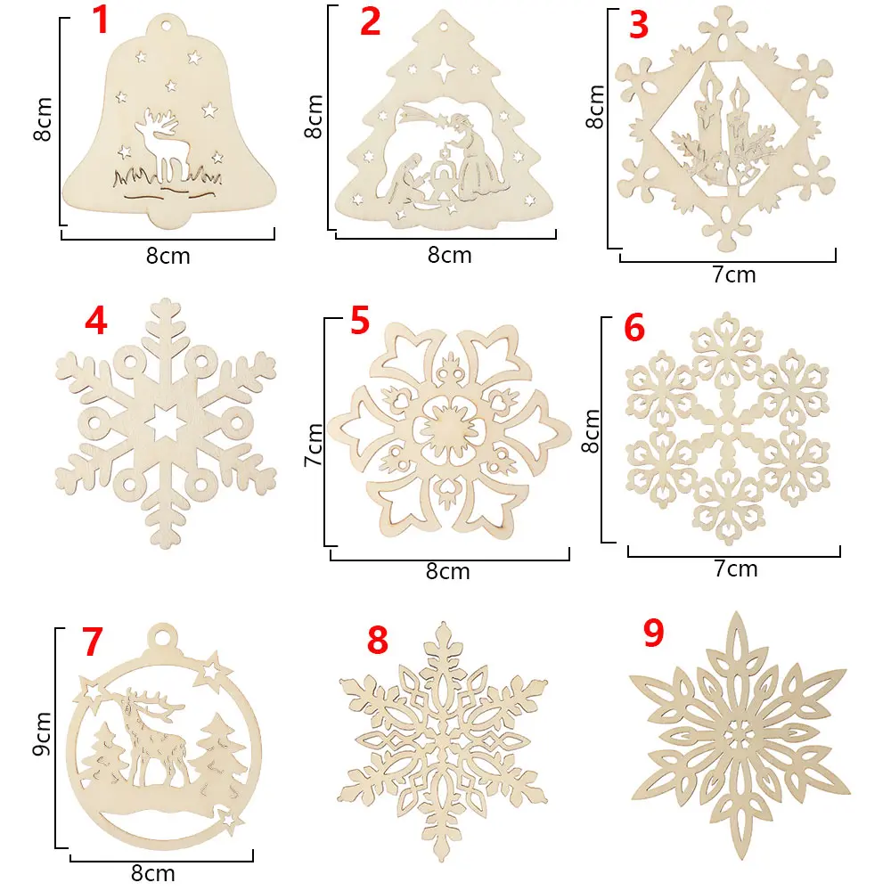 10Pcs DIY Natural Snowflakes Deer Shape Christmas Wooden Chip Hanging Ornaments Pendants Xmas Ornaments Kids Gifts Decorations