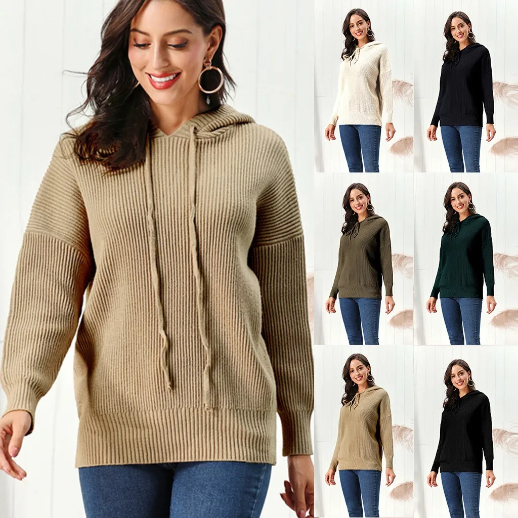 2019 Autumn Winter Cashmere Thick Hooded Sweater Pullovers Women Soft Knit Jumper Top Solid Female Long Sleeve | Женская одежда