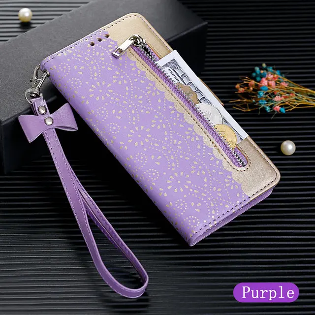 Для huawei P Smart чехол роскошный кружевной кошелек на молнии для Funda huawei P Smart Case huawei P Smart2019 флип-чехол противоударный - Цвет: Фиолетовый