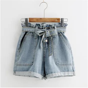 

New Summer Fashion Elastic High Waist Denim Shorts Women Casual Sashes Wide Legs Shorts Slim Loose All-Match Shorts Famale Mw410