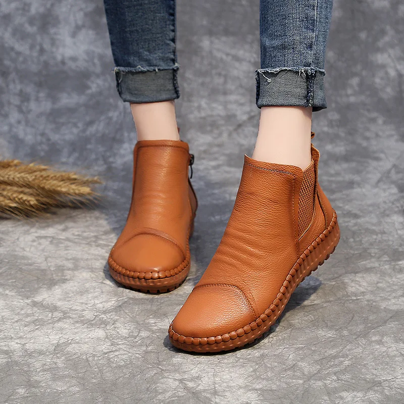 Genuine Leather Shoes Women Boots 2024 Autumn Winter Fashion Handmade Ankle Boots Warm Soft Outdoor Casual Flat Shoes Woman