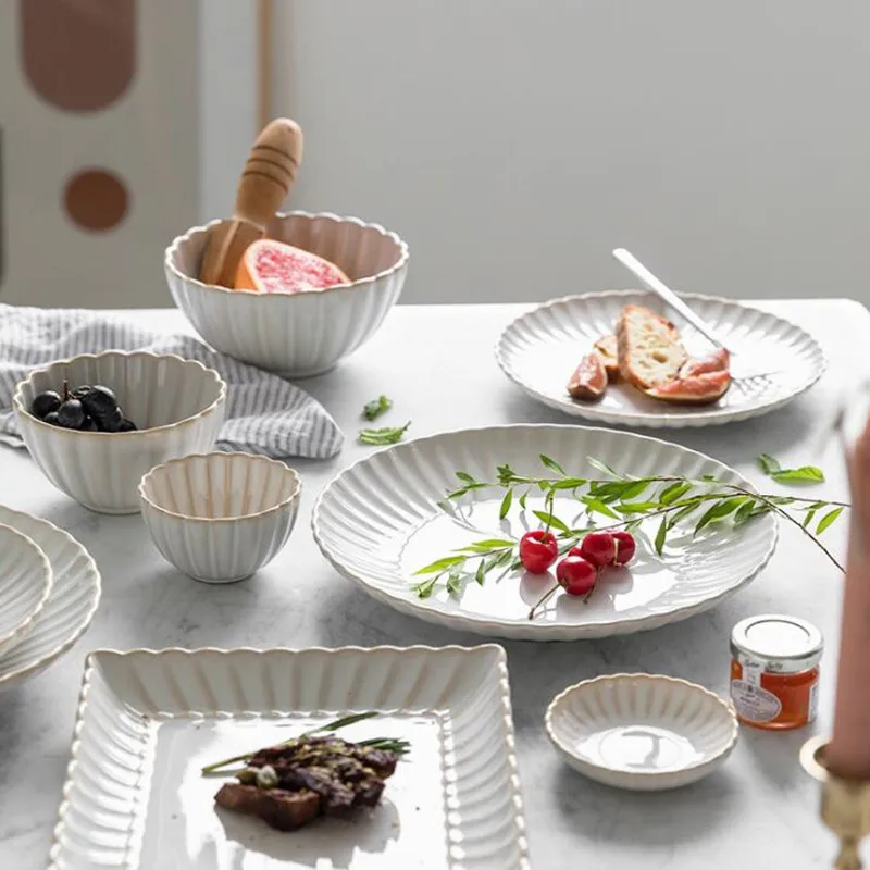 Retro White petal Dinner Plate Ceramic Kitchen Plate Tableware Set Food Dishes Rice Salad Noodles Bowl Soup Kitchen Cook Tool