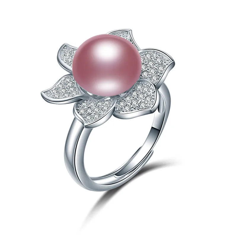 Purple Dainashi Gorgeous 925 Sterling Silver Flower Zircon Crystal Adjustable Ring Luxury Genuine Freshwater Cultured Pearl Ring - Gem Color: Purple