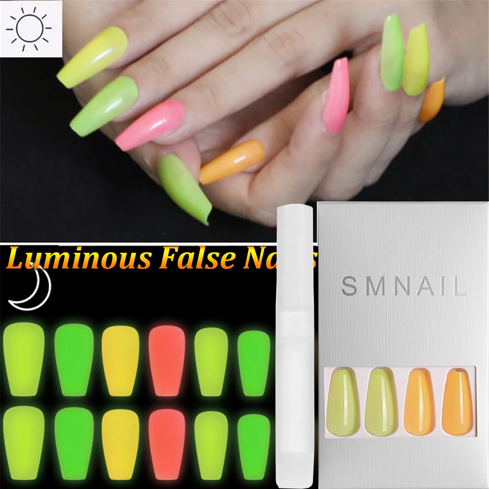 

24Pcs/Set Fluorescent Neon Gradient False Nails Nail Tips Long Ballerina Reusable Full Cover Nail Art Press On Nails Manicure