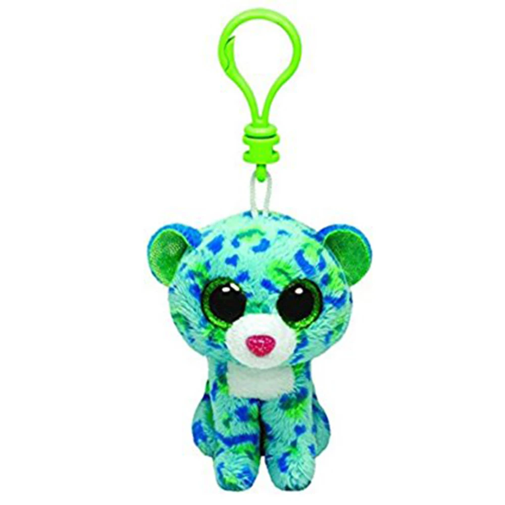 

Pyoopeo Original Ty Boos 4" 9cm Leona the Green Leopard Clip Plush Keychain Big-eyed Stuffed Animal Keyring Collectible Doll Toy