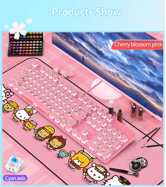 Retro Punk Girl Pink Boy Blue Mechanical Gaming Keyboard 104 Round/Square  Keys Backlit Typewriter Wired Keyboard for Gamer PC