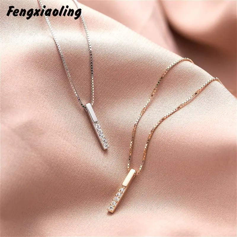 

Fengxiaoling Really 925 Sterling Silver Multiple Zircon Geometric Strip Pendant Necklaces For Women Simple Fashion Jewelry
