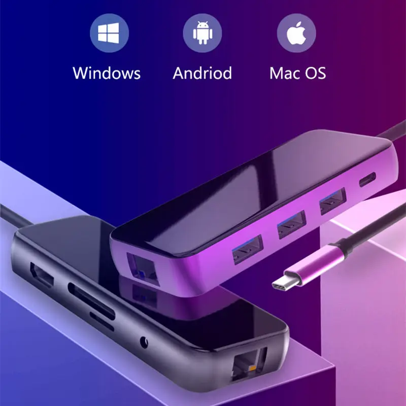 USB3.0 HUB Docking dock Converter HDMI RJ45 Ethernet SD TF Card Reader 3.5 audio Type-C for Noteboo