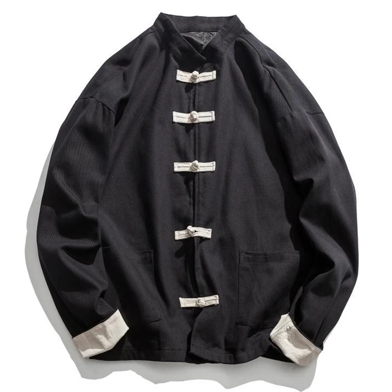 Мужские Винтажные топы с воротником-стойкой и пуговицами, Повседневная однобортная блуза с длинным рукавом