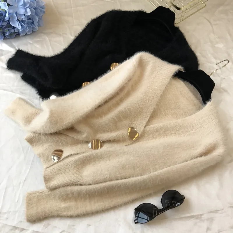 

Golden Shiny Button Single Breasted Woolen Women Cardigans Sweater Casual Female Warm Elegant Autumn Winter 0914-59