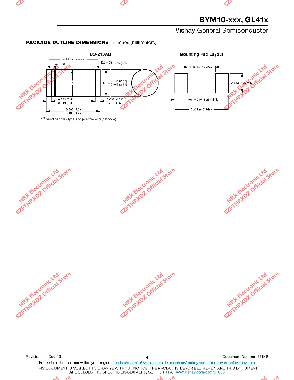 BYM10-400-E3/96 DO-213AB BYM10-400-E3/97 BYM10-400 400 V 1A 400 вольт 1,0 Ампер Стекло пассивированный 1500 шт/катушка