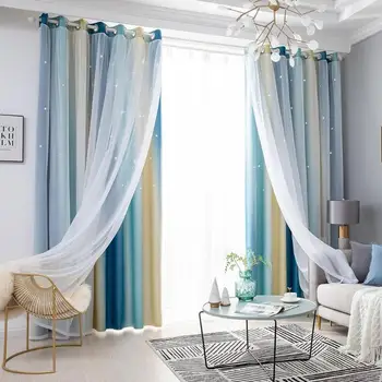 

Romantic Rainbow Color Sheer Curtain Girl Kids Bedroom Full Blackout Window Drapes Hollow Star Curtain Home Decor