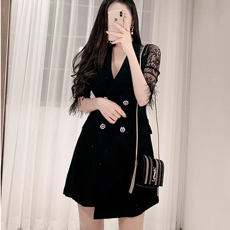 

2019 Summer Wear New Style Korean-style Ol Elegant Double Breasted Joint Transparent Lace Sleeve Fashion Suit Jacket