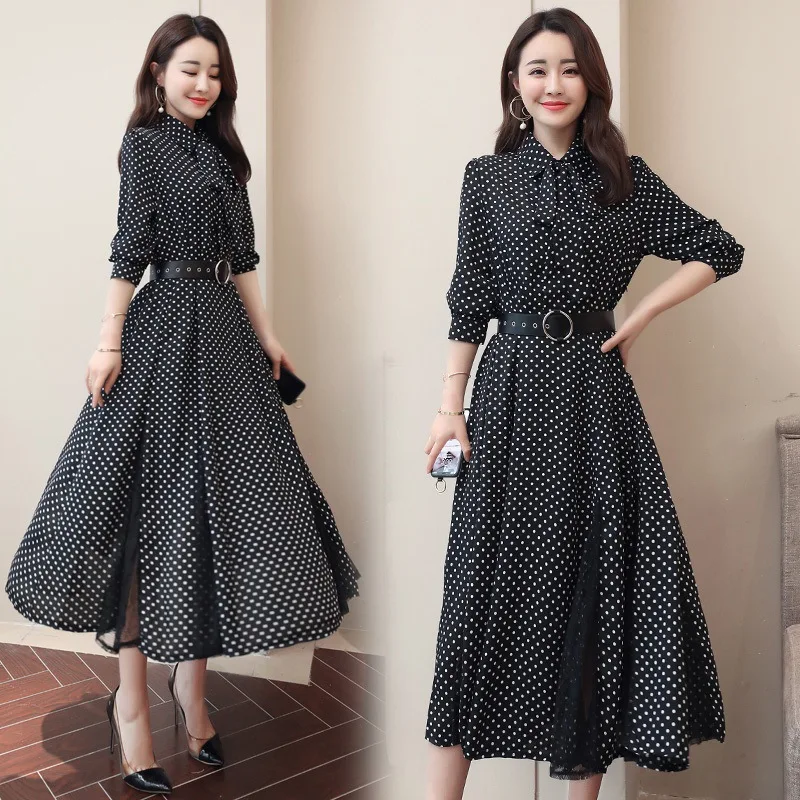 

Feminine Dress 2019 New Style Spring And Autumn Korean-style Elegant High-waisted Lace Joint over-the-Knee Polka Dot Long Skirts