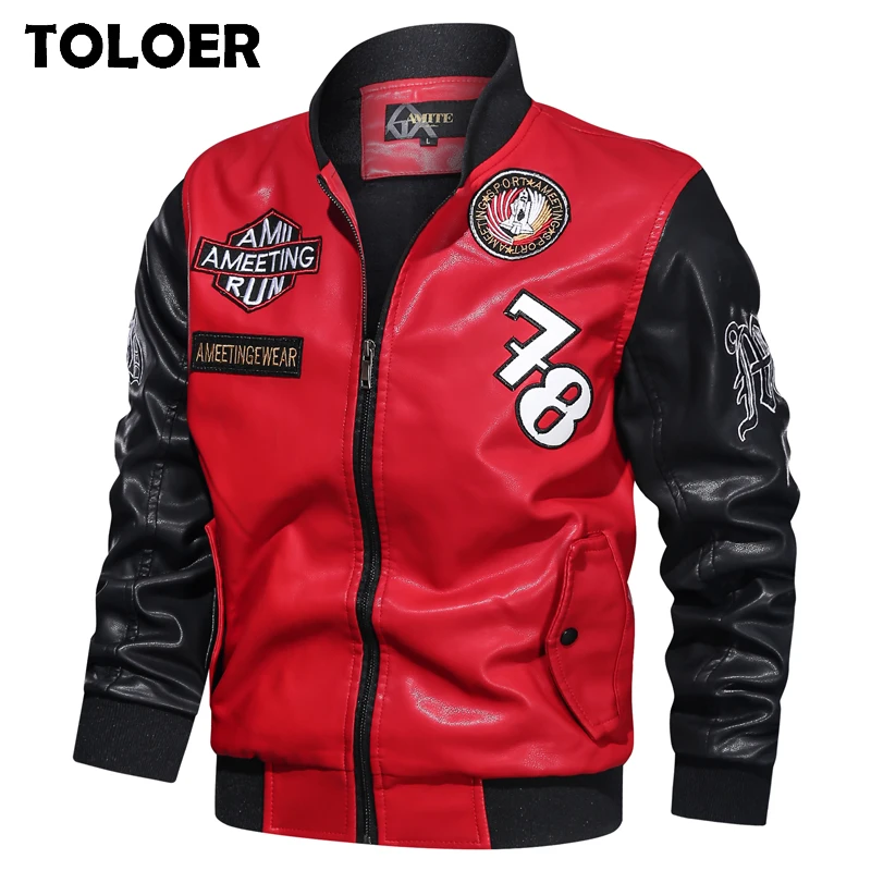 Мужская кожаная куртка с вышивкой черная винтажная бомбер из искусственной кожи