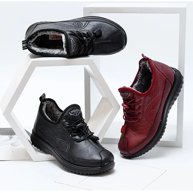 MCCKLE/женская зимняя обувь на плоской подошве; женская обувь из искусственной кожи на шнуровке; обувь для мам; Женская Повседневная плюшевая теплая мягкая женская обувь