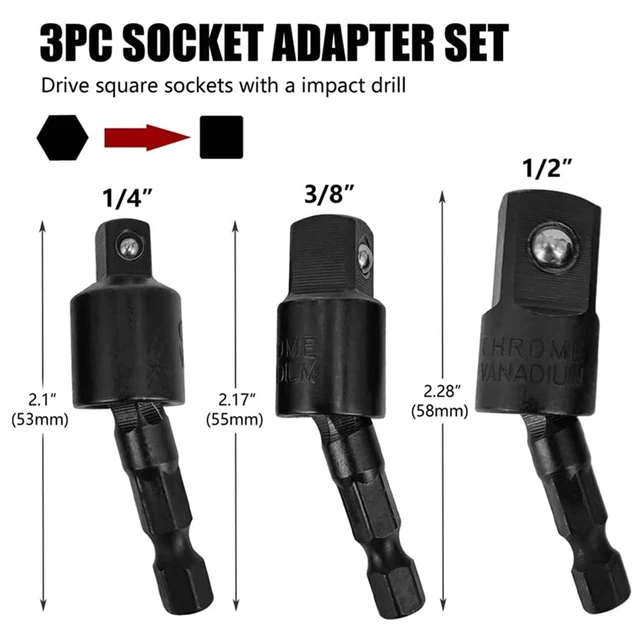 3Pc Wobble Socket Adapters Univerzális Ízületi Aljzatkészlet, 1/4 Hüvelykes Hex Szár 3/8 1/2 Négyzet Alakú Aljzat Meghajtók - Image 2