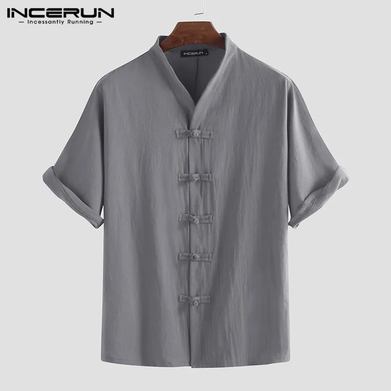 Gray Shirt Летняя Хлопковая мужская однотонная уличная рубашка с коротким рукавом и пуговицами, Повседневная рубашка с v-образным вырезом в китайском стиле, винтажные мужские рубашки INCERUN - Цвет: Gray Shirt