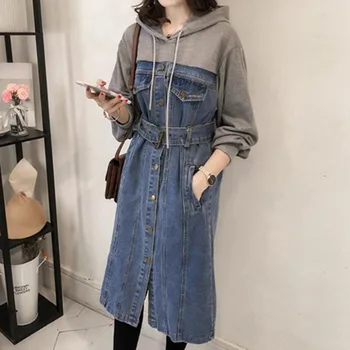 

Korean Designer Fashion Women Dress Spring Autumn Long Sleeve Fake Two Piece Denim Patchwork Belted Hooded Long Dresses