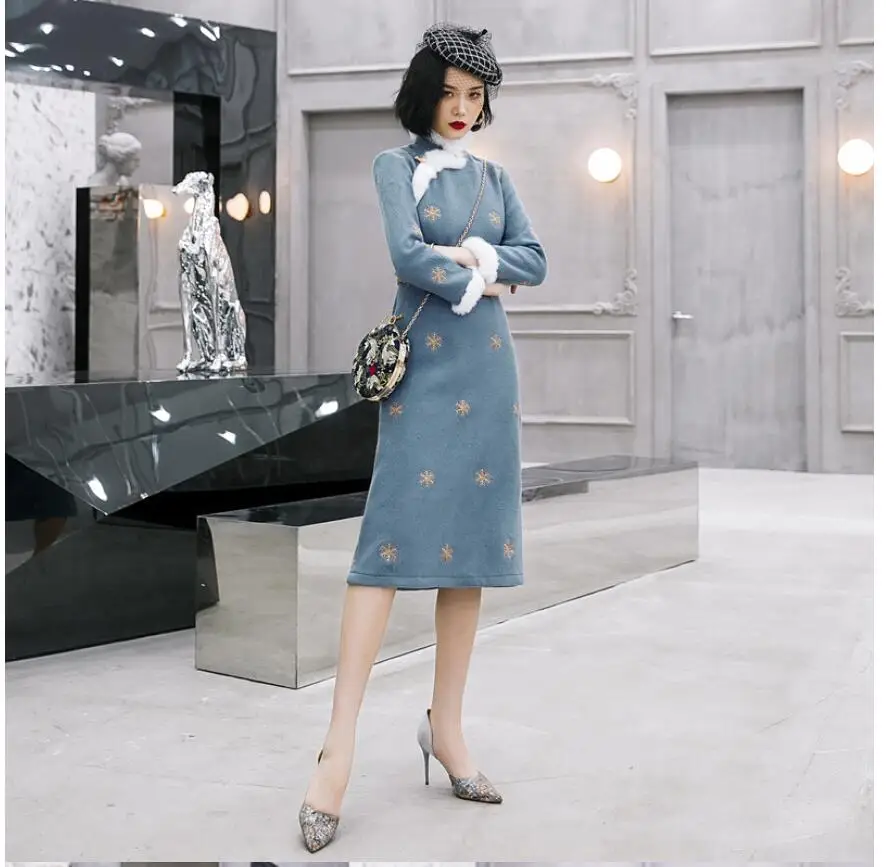 Высокое качество зимнее шерстяное платье Ципао женское улучшенное китайское теплое толстое Ципао с вышивкой размера плюс XXXL