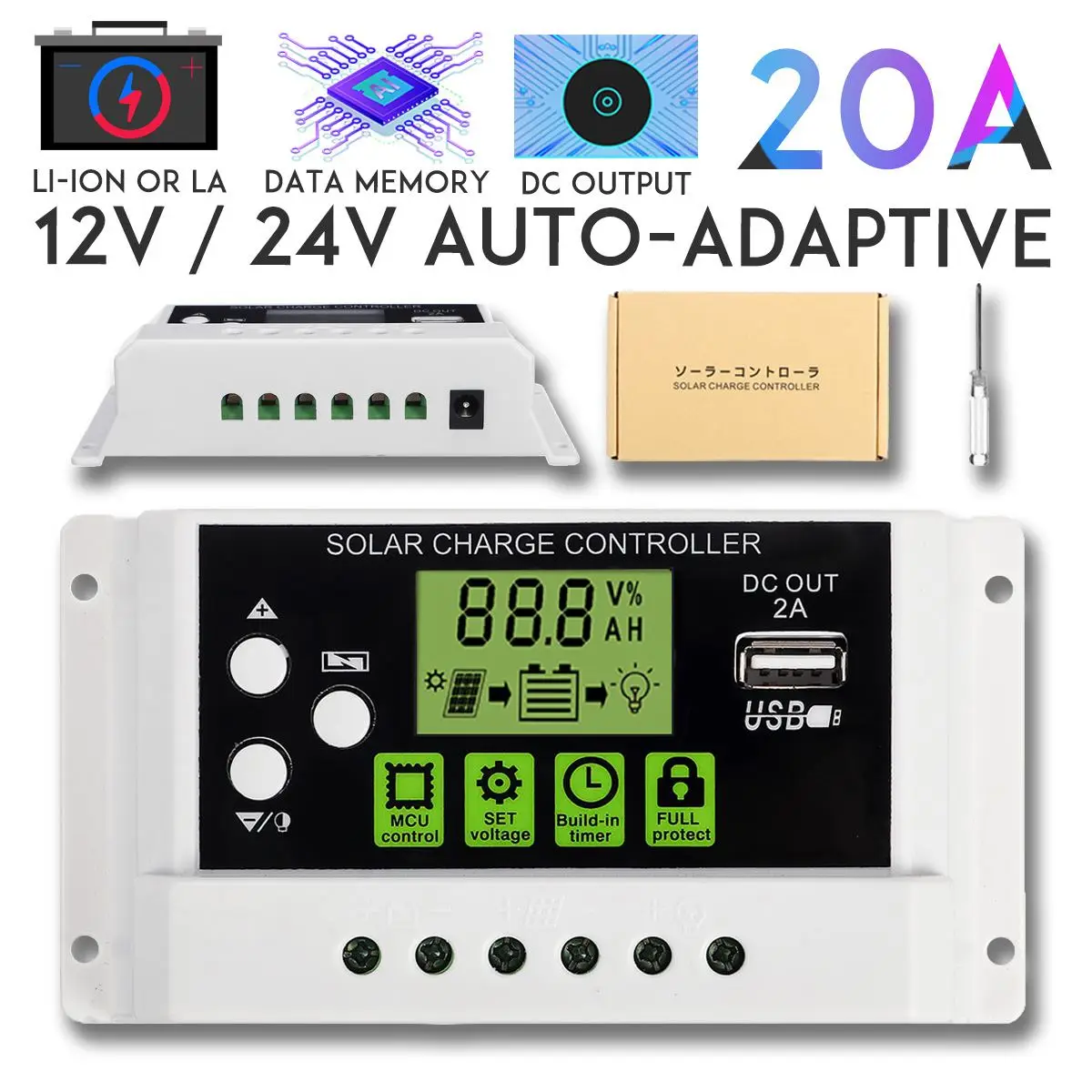 

20A 12V/24V LCD Display PWM Solar Panel Charging Controller Li-ion & Lead Acid Battery Compatible USB DC Backlight Display