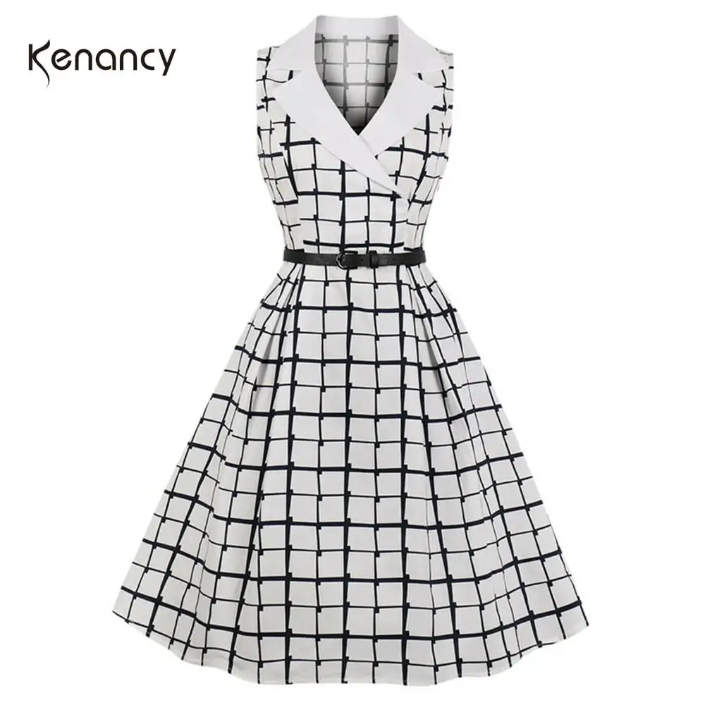 Платье Kenancy хлопковое летнее офисное с отложным воротником без рукавов Ретро