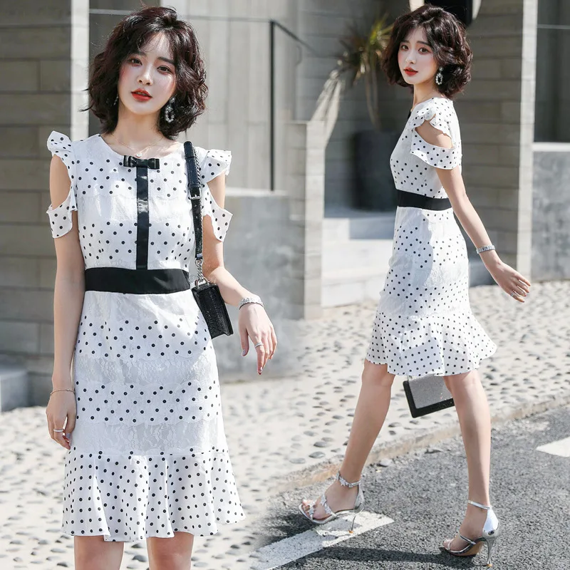 

2019 Summer Crew Neck Medium Waist Fashion Elegant Lace Polka Dot Short Sleeve Comfortable Mid-length Dress