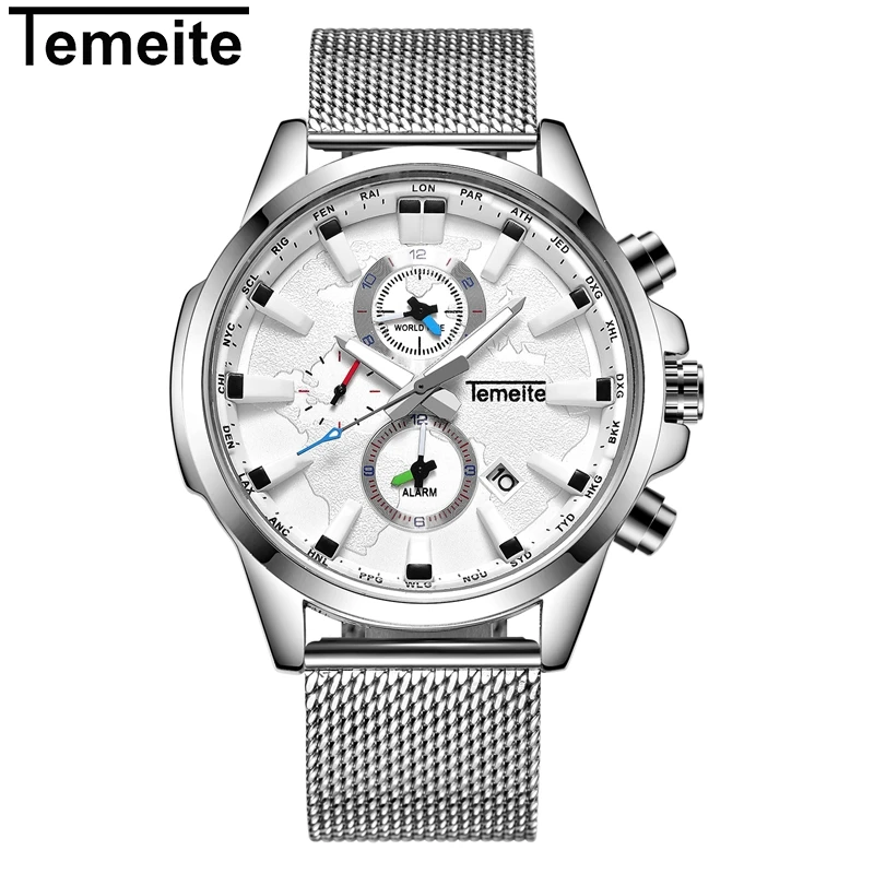 TEMEITE Original Mens Watches Top Brand Luxury Waterproof Quartz Watch Men Clock Date Mesh Strap Wristwatches Male Relogio - Цвет: silver white