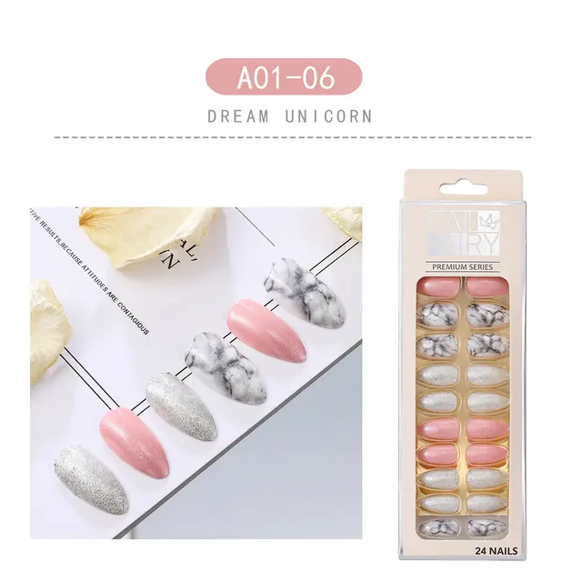 24PCS/box Loose Powder Jump Color Ballet Med-Length Fake Nails Gradient Aurora Marble Press on Full Cover Wearing Wearable Nails NO.3