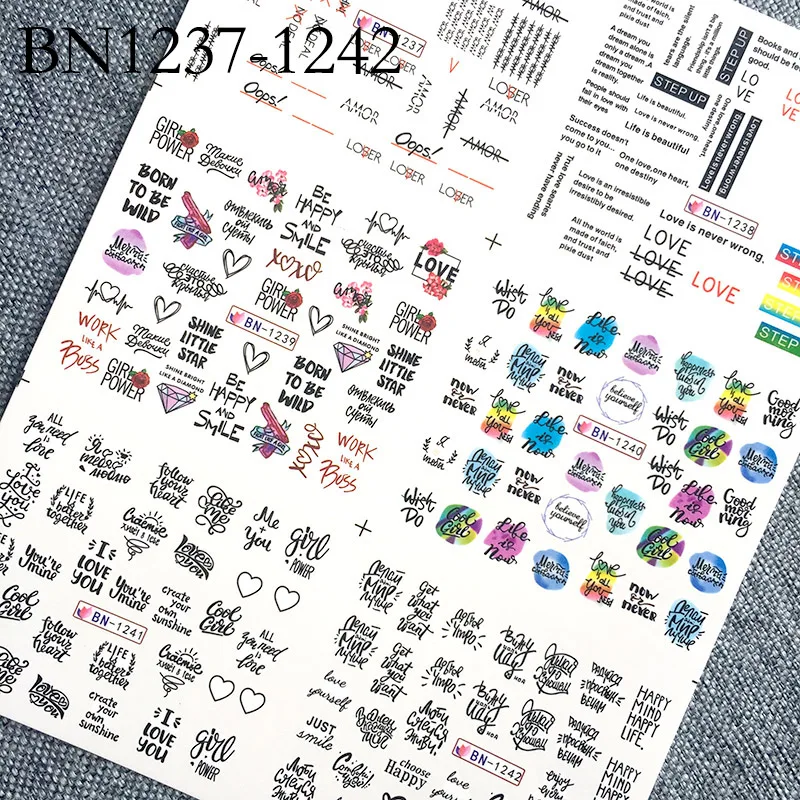 BN1237-1242 6 шт./компл. черной линией на английском языке Russiana lphabet ногтей Наклейка письменной форме буквы татуировки ползунки нейл-арта, водные переводные наклейки для маникюра - Цвет: BN1237-1242