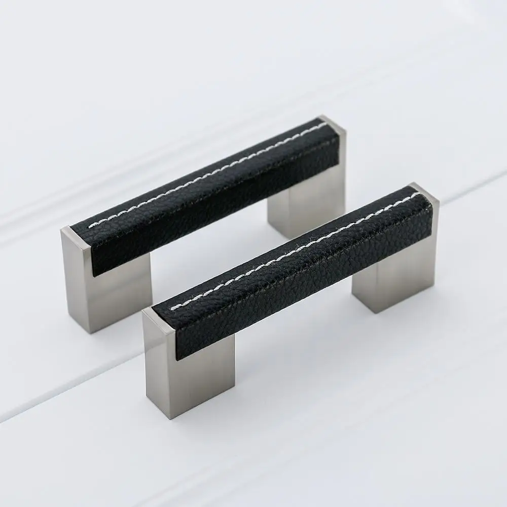 1PCS Cabinet Handles 4sizes Solid Brass Cupboard Wardrobe Pulls Black Leather Hardware Drawer Home Furniture Door Handles Decor