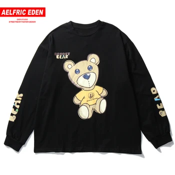 

Aelfric Eden Hip Hop Harajuku T Shirt Long Sleeve Loose Tops 2020 Autumn Hip Hop Bear Print Casual Cotton Loose Tshirt Tee Black