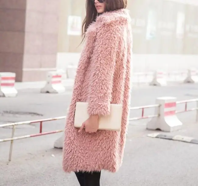 Women Casual Turn Down Collar Long Buttons Patchwork Above Knee Solid Sleeve Fuzzy Long Cotton Coat