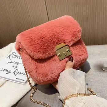 

Elegant Female Flip Square Bag 2020 Winter New Quality Soft Plush Women's Designer Handbag Lock Chain Shoulder Messenger Bag