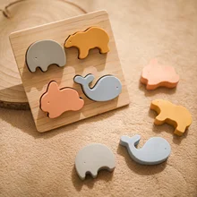 Puzzle en bois et en Silicone pour bébé, jouets éducatifs pour enfants, apprentissage de l'intelligence animale, dessin animé 