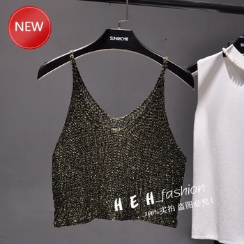 

Tank Top Summer sleeveless V neck bling bling knitted camis women sexy metallic gold crop tops women Shiny Silver Camisole tops