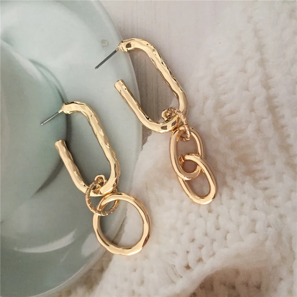 

High Quality Gold Color Circle Geometric Shape Linked Unbalanced Earrings For Women Girl Lady Gift Jewelry New Trend